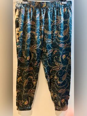 Johnny Was Teal Paisley Silk Jogger Pants with Multicolor Accents